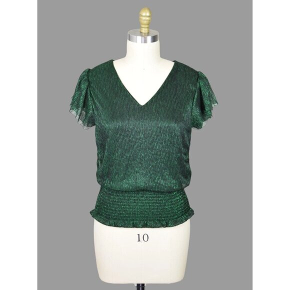 JOIE METALLIC GREEN V-NECK SHORT SLEEVE TOP - Picture 1 of 7